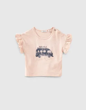 Tee-shirt rose poudré bio van et broderie bébé fille 