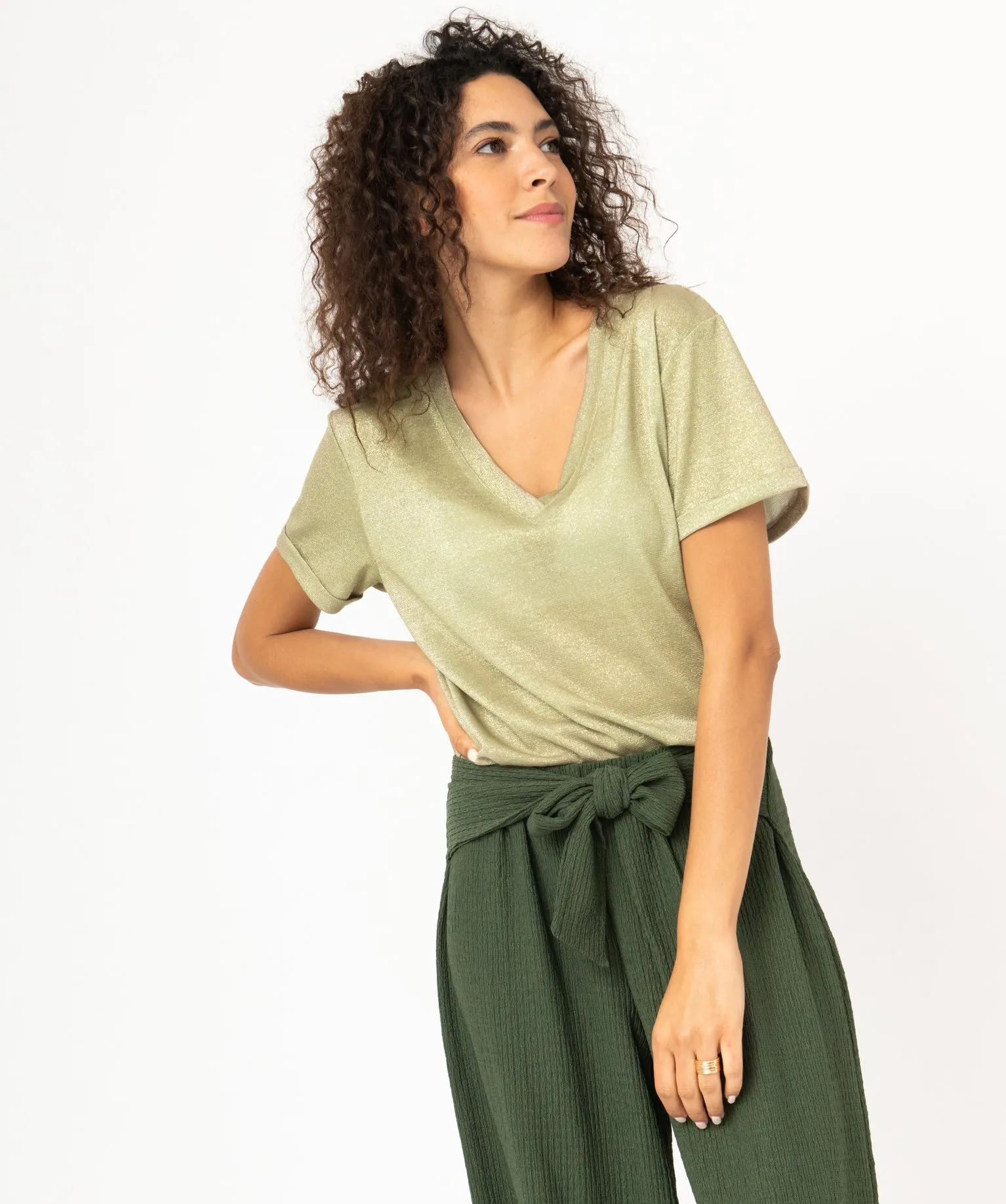 Tee-shirt à manches courtes en maille pailletée femme kaki